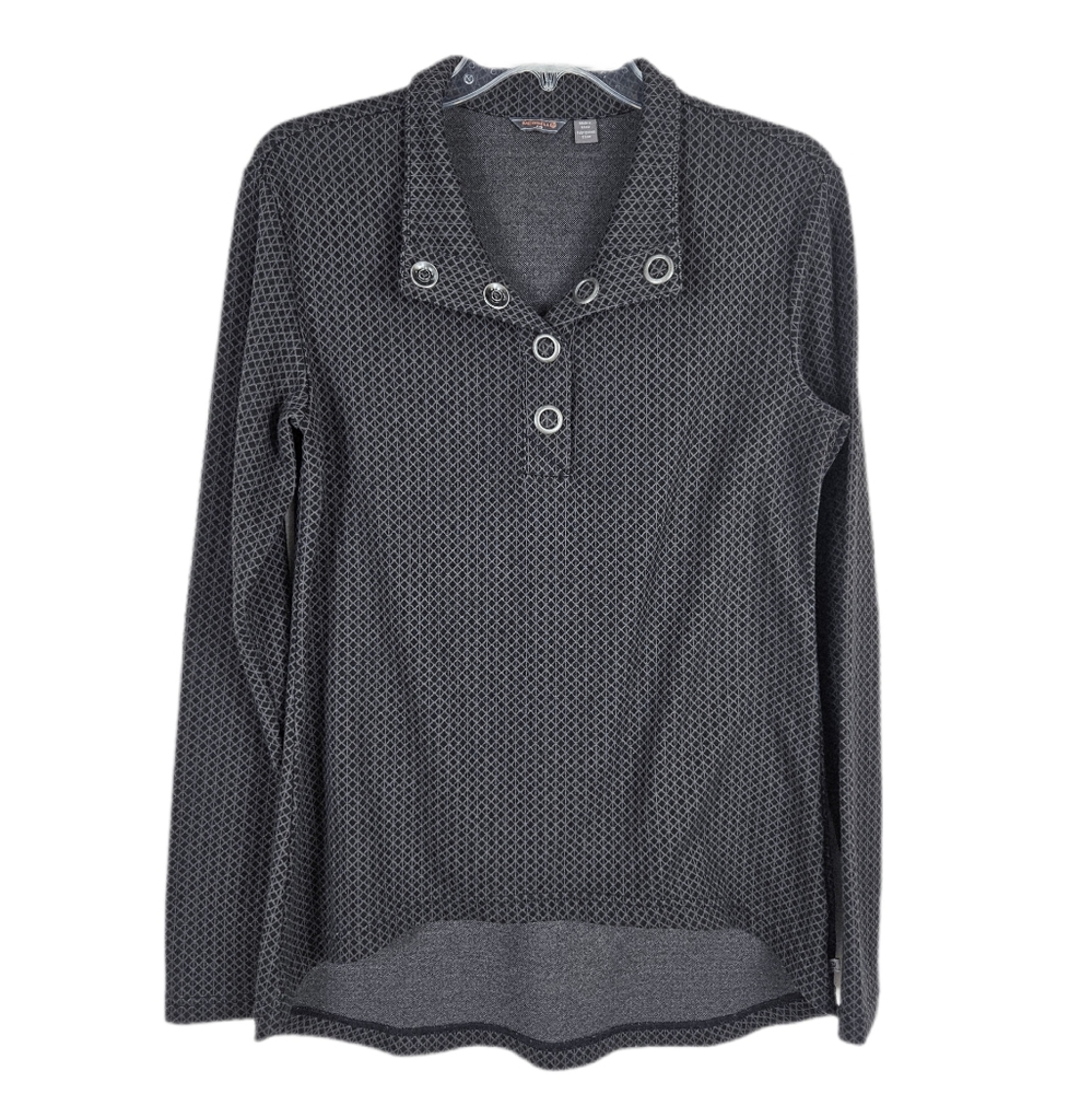 Merrell Long Sleeve Pullover Womens Large Gray Black Geomtric 1/4 Snap Hiking